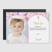 Rosa Florale Foto Taufe Danke Magnetkarte (Vorne/Hinten)