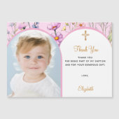 Rosa Florale Foto Taufe Danke Magnetkarte (Vorderseite)