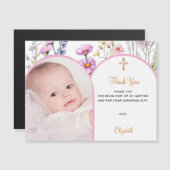 Rosa Florale Foto Taufe Danke Magnetkarte (Vorne/Hinten)