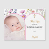 Rosa Florale Foto Taufe Danke Magnetkarte (Vorderseite)