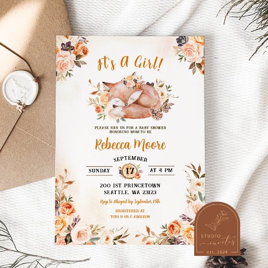 Rosa Florale Fuchs Wald Baby Shower Einladung
