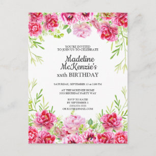 Rosa florale Geburtstagseinladung Postkarte