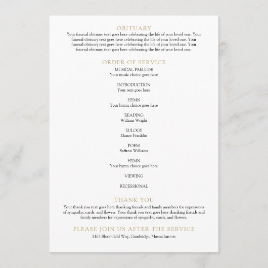 Rosa florale Gedenkfeier Programm (Rückseite)