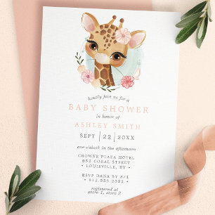 Rosa florale Giraffe-Wasserfarbe Mädchen-Baby-Part Einladung