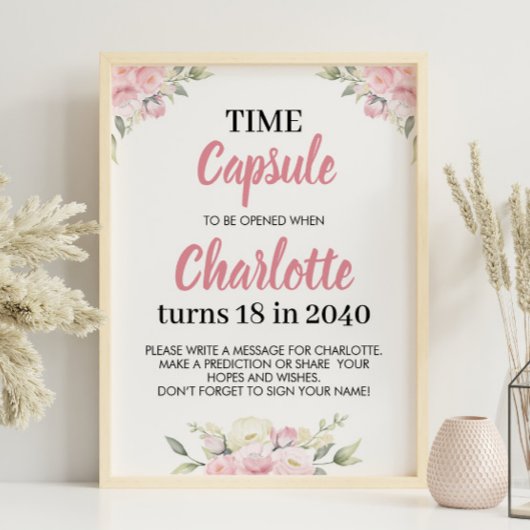 Rosa florale Girl Birthday Time Kapselunterschrift Poster