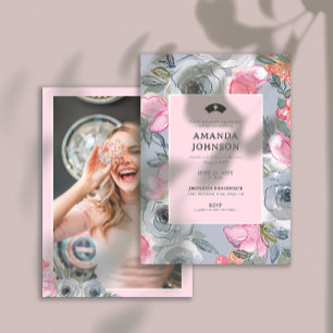 Rosa florale Girly Nursing Foto (Back) Abschluss Einladung