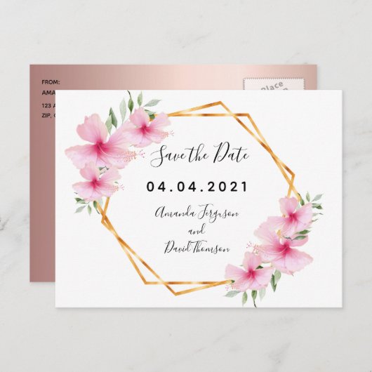 Rosa Florale Gold Geo Hochzeit Retten Sie das Datu Ankündigungspostkarte (Vorne/Hinten)