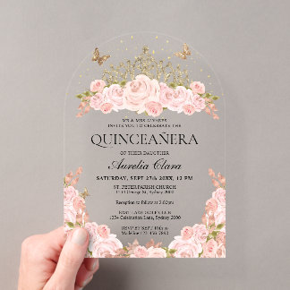 Rosa Florale Gold-Tiara Quinceanera-Torbbogen Acryleinladungen