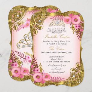 Rosa Florale Gold Weiße Perlen Tiara Geburtstagsfe Einladung
