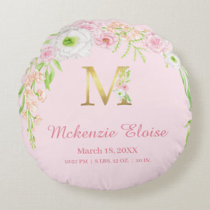 Rosa florale goldene Monogramm Baby Mädchen Statis Rundes Kissen