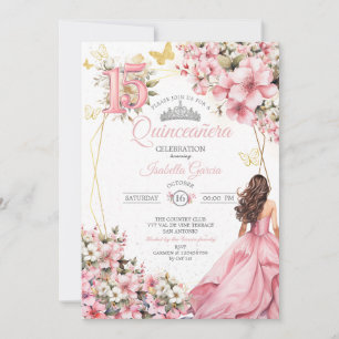 Rosa Florale Goldene Schmetterlinge Quinceañera Einladung