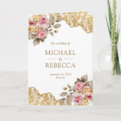 Rosa Florale Goldene Spitze QR-Code Foto Hochzeit Einladung (Vorderseite)