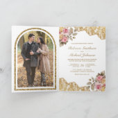 Rosa Florale Goldene Spitze QR-Code Foto Hochzeit Einladung (Innenseite)