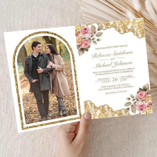 Rosa Florale Goldene Spitze QR-Code Foto Hochzeit Einladung