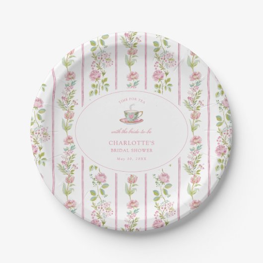 Rosa Florale Grandmillennial-Bridal-Teeparty Pappteller (Vorderseite)