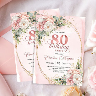 Rosa Florale Grün Gold Glitter 80. Geburtstag Einladung