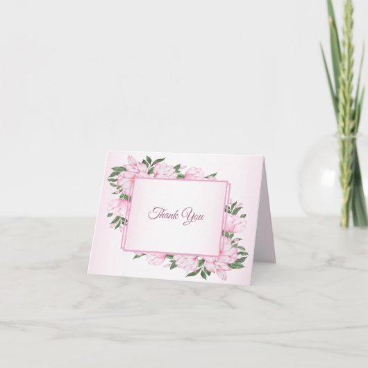 Rosa Florale Grüne Blätter Elegante Hochzeitsfeier Dankeskarte (Vorderseite)