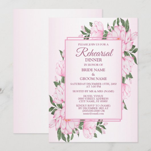Rosa florale grüne Blätter Hochzeitsprobe-Dinner Einladung (Vorne/Hinten)