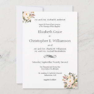 Rosa Florale Grüne Traditionelle Formelle Hochzeit Einladung