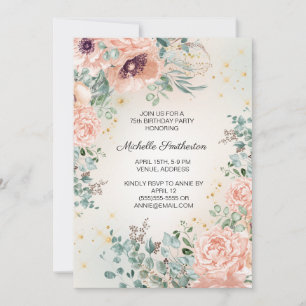 Rosa Florale Grünpflanzen Gold Glitter 75. Geburts Einladung