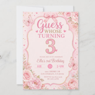 Rosa florale Guess Who’s Turning 3 Geburtstag Einladung