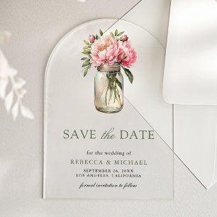 Rosa florale Hochzeit Mason Jar Save-the-Date-Kart Acryleinladungen
