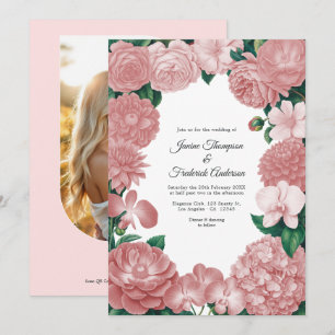 Rosa Florale Hochzeit mit Foto und QR-Code Einladung