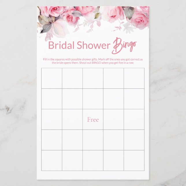 Rosa Florale Hochzeitsdusche-Spiel BINGO (Vorderseite)