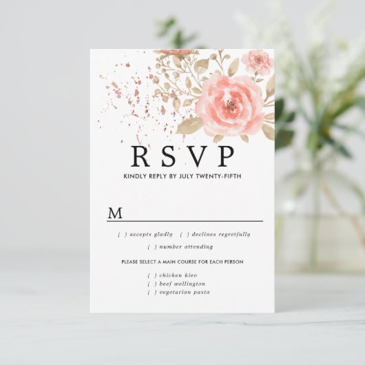 Rosa florale Hochzeitskarte RSVP, Wahlmöglichkeite RSVP Karte (Stehend Vorderseite)