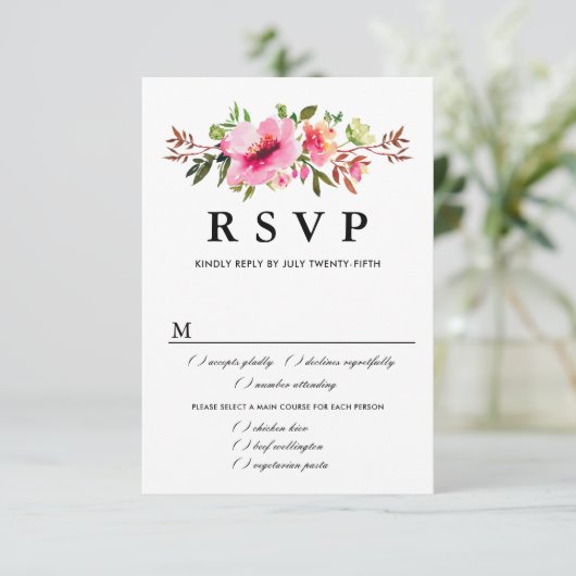 Rosa florale Hochzeitskarte RSVP, Wahlmöglichkeite RSVP Karte (Stehend Vorderseite)