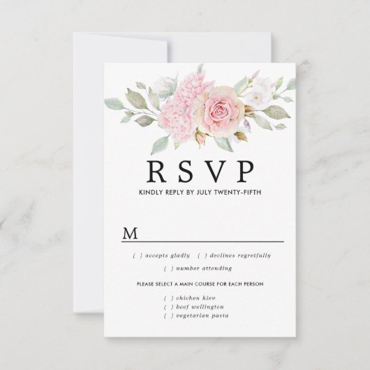 Rosa florale Hochzeitskarte RSVP, Wahlmöglichkeite RSVP Karte (Vorderseite)