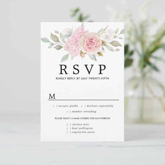 Rosa florale Hochzeitskarte RSVP, Wahlmöglichkeite RSVP Karte (Stehend Vorderseite)