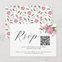 Rosa florale Hochzeitsstiftung QR Code RSVP Karte