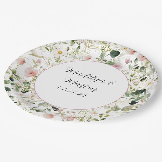 Rosa florale Hochzeitszeitszettel Pappteller (Schrägansicht)