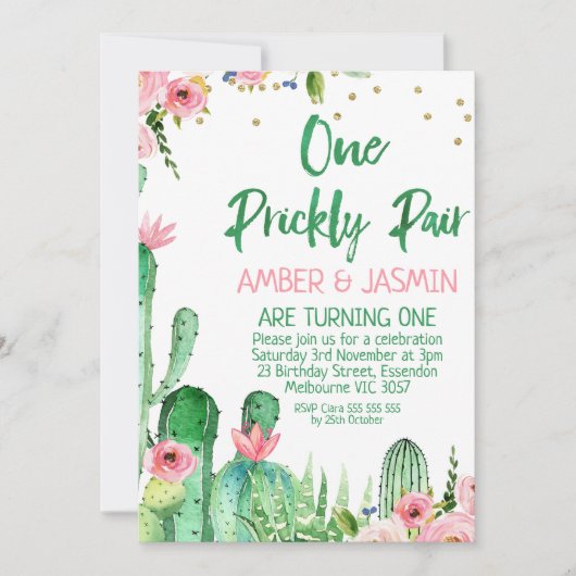 Rosa florale Kaktus 1 prickly paare Birthday Einladung (Vorderseite)