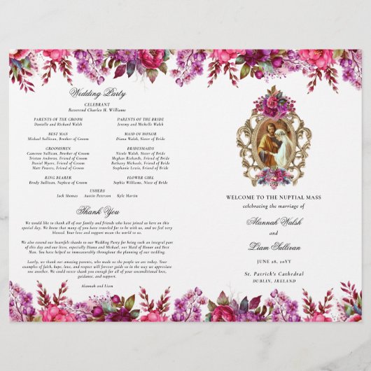 Rosa florale katholische Hochzeitsfeier Programm (Vorderseite)