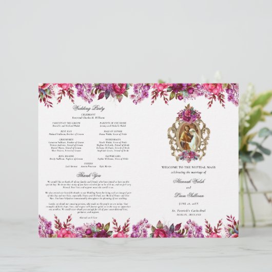 Rosa florale katholische Hochzeitsfeier Programm (Stehend Vorderseite)