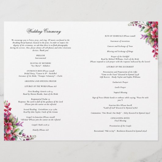 Rosa florale katholische Hochzeitsfeier Programm (Rückseite)