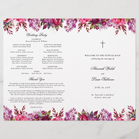 Rosa florale katholische Hochzeitsfeier Programm (Vorderseite)