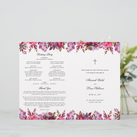 Rosa florale katholische Hochzeitsfeier Programm (Stehend Vorderseite)