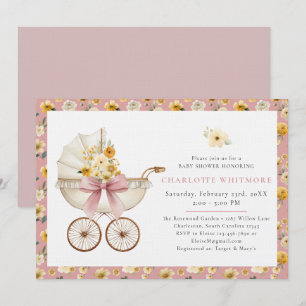 Rosa Florale Kinderwagen-Baby-Party Einladung