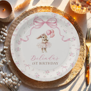 Rosa florale kokette Schleife Hase 1. Geburtstag Pappteller