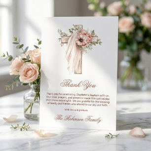 Rosa Florale Kreuz-Taufe Dankeskarte