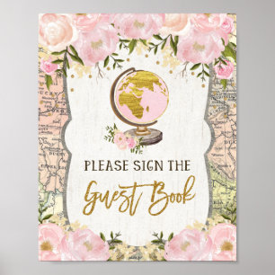 Rosa Florale Landkarten-Abenteuer-Gästebuch-Signat Poster
