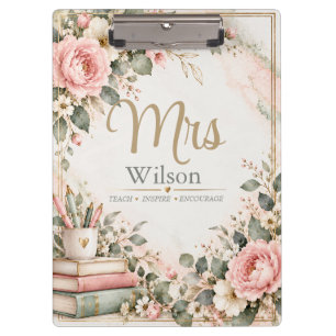 Rosa florale Lehrerin-Monogramm-Clip-Board Klemmbrett