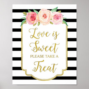 Rosa florale Liebe ist Sweet Sign Gold Black Strip Poster
