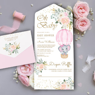 Rosa florale Luftballon-Elefanten-Baby-Party All In One Einladung