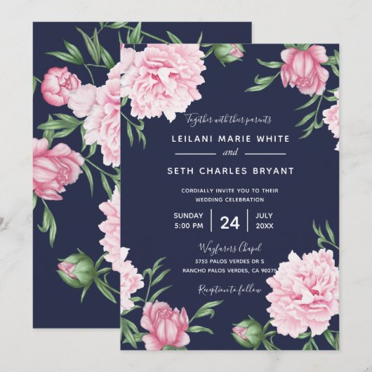 Rosa florale Marine Hintergrund Hochzeit Einladung (Vorne/Hinten)