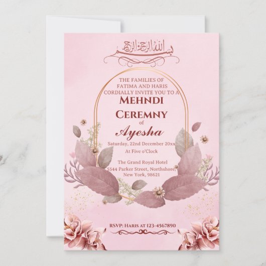 Rosa florale Mehndi Islamische Hochzeitskarte Einladung (Vorderseite)