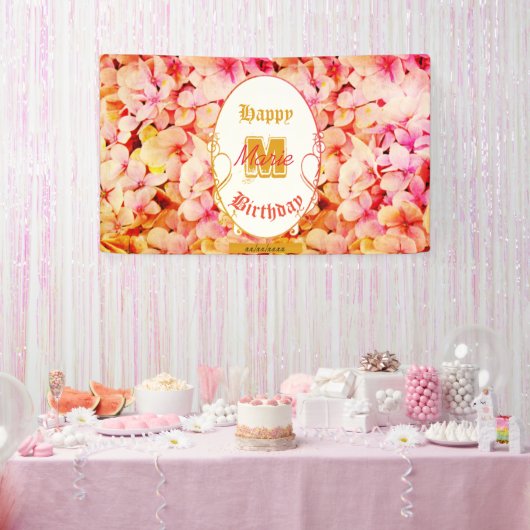 Rosa florale Moderne elegante Monogram Happy Birth Banner (Party)